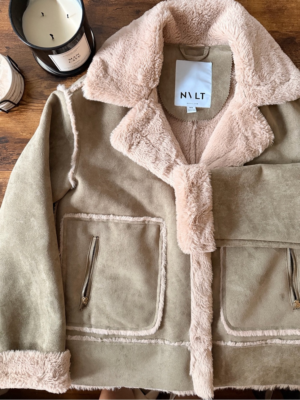 NVLT Beige & Light Pink Faux-Shearling Teddy Jacket